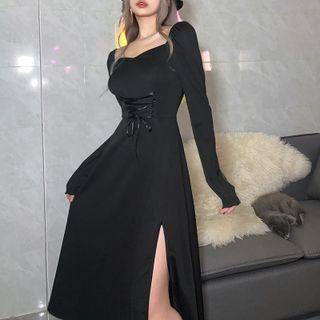 Long Sleeve Tie-front Side-split Dress