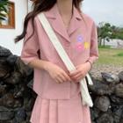 Elbow-sleeve Flower Printed Shirt / A-line Mini Pleated Skirt