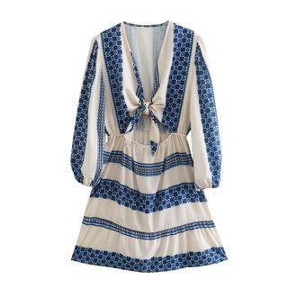 Long-sleeve Floral Print Tie-front A-line Dress