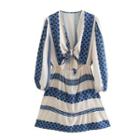 Long-sleeve Floral Print Tie-front A-line Dress