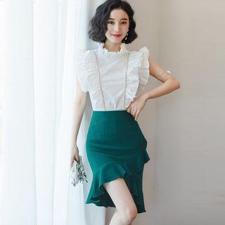 Set: Sleeveless Rhinestone Ruffled Top + Asymmetric Pencil Skirt
