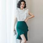 Set: Sleeveless Rhinestone Ruffled Top + Asymmetric Pencil Skirt