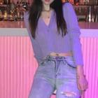 Long-sleeve V-neck Plain Cropped Knit Cardigan Purple - One Size