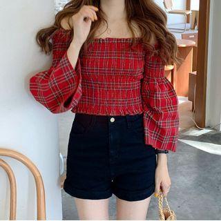 Plaid Off-shoulder Long-sleeve Cropped Top As Shown In Figure - One Size