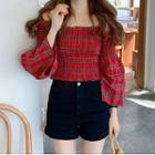 Plaid Off-shoulder Long-sleeve Cropped Top As Shown In Figure - One Size