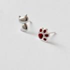 Sterling Silver Asymmetrical Cat Stud Earring 1 Pair - Asymmetric - Silver & Red - One Size