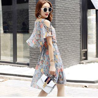 Short-sleeve Cold-shoulder Floral Chiffon Dress