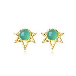 Sterling Silver Plated Gold Fashion Elegant Star Green Stud Earrings Golden - One Size