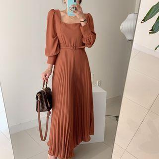 Lantern-sleeve Accordion Pleat Maxi A-line Dress