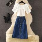 Elbow-sleeve Top / Denim A-line Midi Skirt / Set