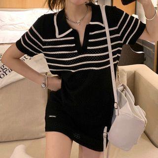 Short-sleeve Striped V-neck Knit Mini Dress Stripes - Black - One Size