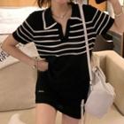 Short-sleeve Striped V-neck Knit Mini Dress Stripes - Black - One Size