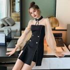 Set: Puff-sleeve Double Breasted Dress + Shorts