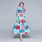 Dotted Floral Print Midi A-line Dress