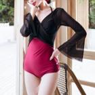Bell-sleeve Two-tone Swimsuit