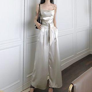 Plain Halter Top / High-waist Wide-leg Pants