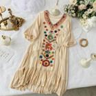 Elbow-sleeve Embroidered Shift Dress
