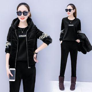 Set: Eagle Applique Hooded Padded Jacket + Sweatshirt + Sweatpants