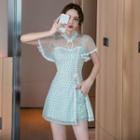 Set: Short-sleeve Lace Mini Qipao Dress + Shorts