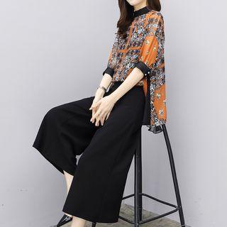 Set: Printed Elbow Sleeve Chiffon Top + Wide Leg Pants