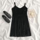 Sleeveless Plain Velvet Dress Black - One Size
