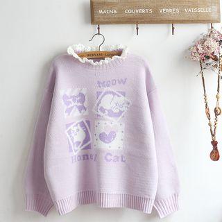 Mock-neck Frill-trim Sweater Violet - One Size