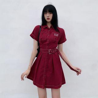 Short-sleeve Lettering Mini A-line Shirt Dress