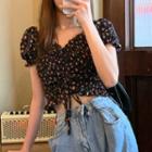 Puff-sleeve Floral Drawstring Blouse Black - One Size