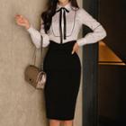 Bow Long-sleeve Blouse / Midi Skirt