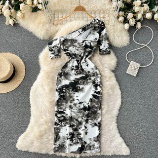 Elbow-sleeve Asymmetrical Tie-dyed Midi Sheath Dress