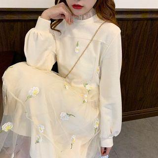 Floral Mock-neck Loose-fit High-waist Mesh Long-sleeve Dress