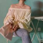 Long-sleeve Off-shoulder Loose-fit Blouse Yellow - One Size