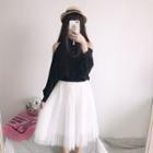 Cold Shoulder Blouse / Accordion Pleat Mesh Skirt