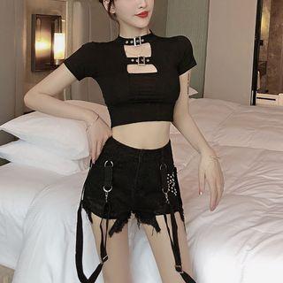 Cut-out Short-sleeve Crop Top / Studded Distressed Denim Shorts