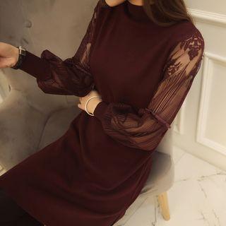 Long Sleeve Crewneck Loose-fit Panel Lace Knitted Dress