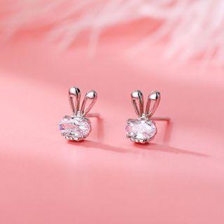 925 Sterling Silver Rhinestone Rabbit Earring 1 Pair - Stud Earrings - Rabbit - Silver - One Size