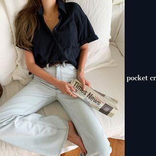 Short-sleeve Crop Shirt Navy Blue - One Size