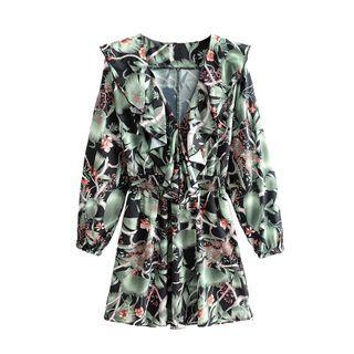 Ruffle Trim Long-sleeve Floral Mini A-line Dress