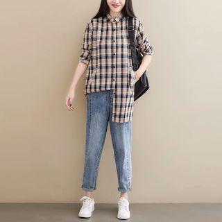 Slit-side Plaid Button-down Shirt