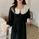 Puff-sleeve Lapel Color Block Dress Black - One Size