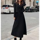 Long-sleeve Plain Blazer / Pleated Midi Skirt