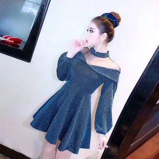 Long-sleeve Mock Neck Glitter Mini A-line Dress