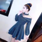 Long-sleeve Mock Neck Glitter Mini A-line Dress