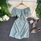 Floral Short-sleeve A-line Dress Mint Green - One Size