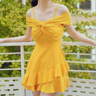 Ruffle Trim Off Shoulder Swim Dress