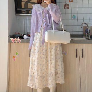 Frill Trim Tie-front Cardigan / Floral Print Midi A-line Dress