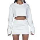 Set: Plain Long-sleeve Crop Top + Slit Mini A-line Dress