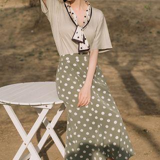 Set: Tie-neck Short-sleeve T-shirt + Dotted Midi A-line Skirt