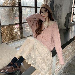 Argyle Knit Cardigan / Long-sleeve Midi A-line Lace Dress