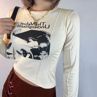 Long-sleeve Asymmetrical Print Seam-trim Top